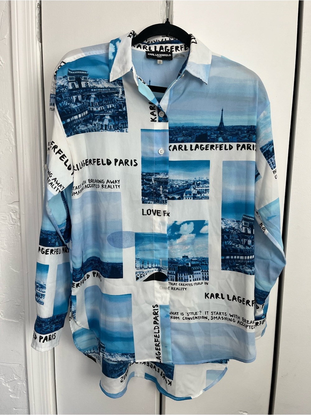 Karl Lagerfeld Paris Blue & White Photo-Print Blouse Button Down Shirt